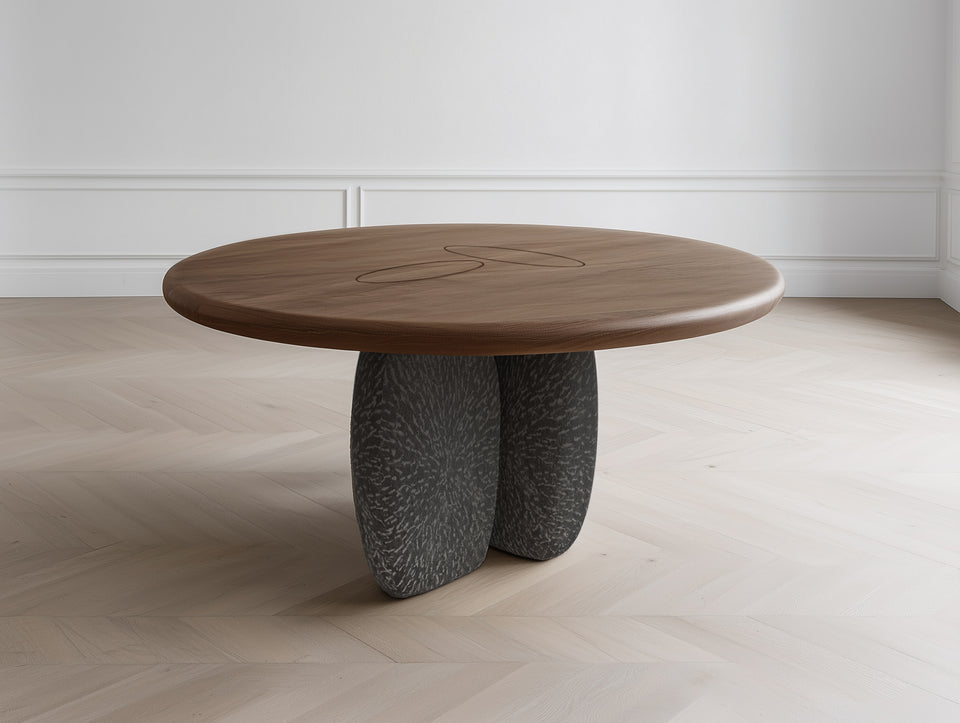 GALET WALNUT DINING TABLE ROUND STONE LEGS